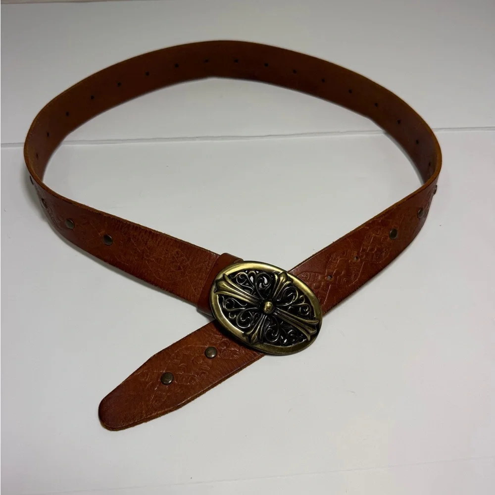 Linea Pelle Brown Leather Tooled Belt Ornate Cross Buckle Size Large